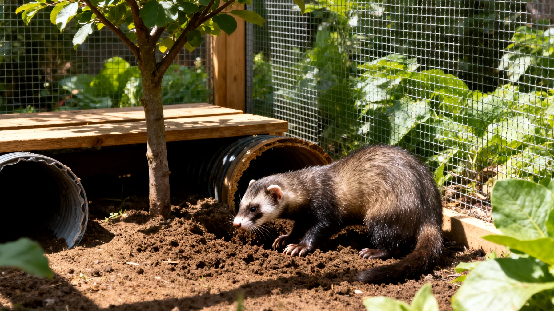 Frettchen benötigen im Garten eine sichere und artgerechte Umgebung mit Schutz vor Raubtieren, Fluchtmöglichkeiten müssen verhindert werden, und sie brauchen Schatten sowie Versteckmöglichkeiten, um ihrem natürlichen Erkundungs- und Grabverhalten nachzugehen"