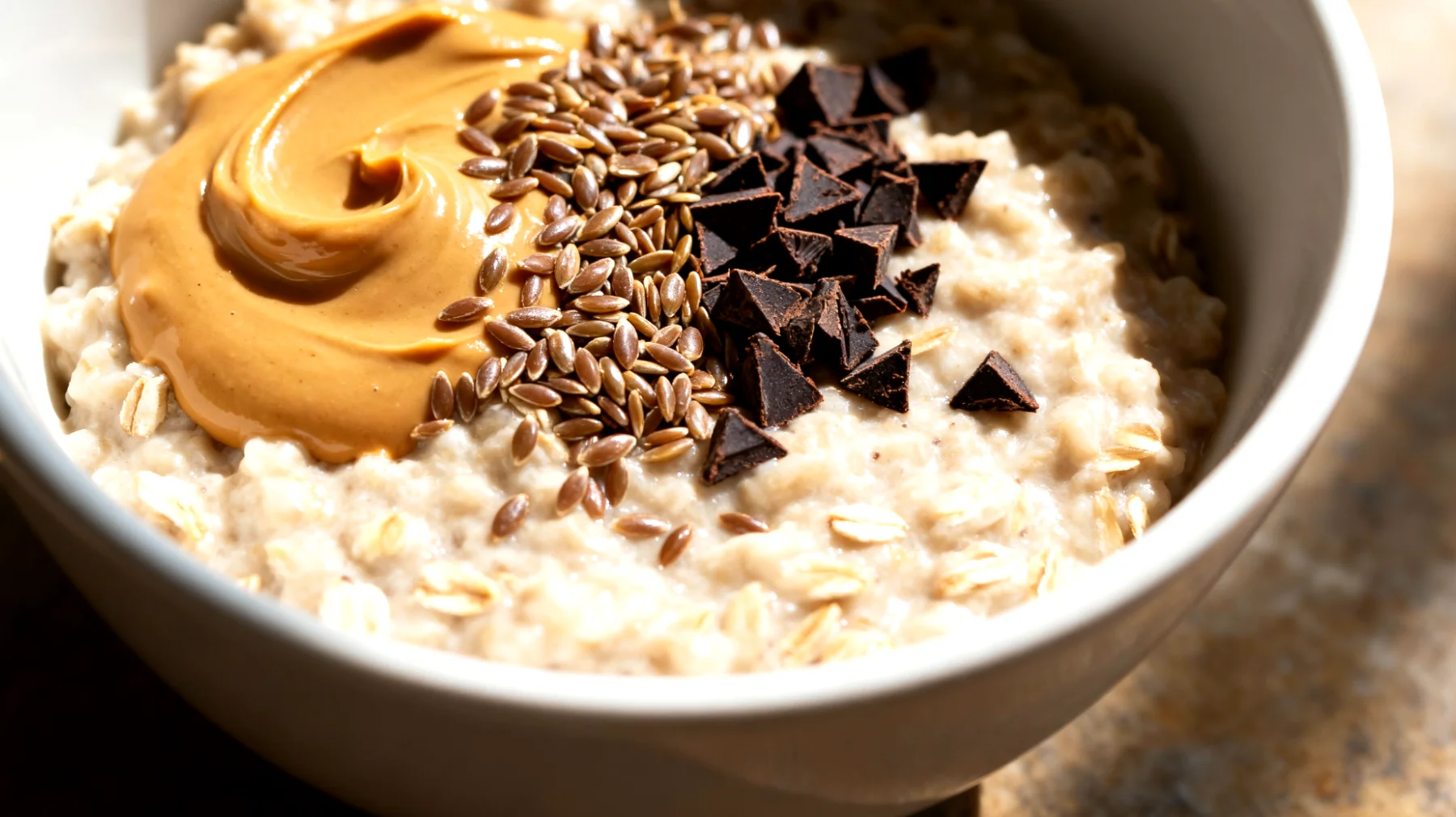 Hafer-Porridge mit Mandelmus, Leinsamen und Kakaonibs"
