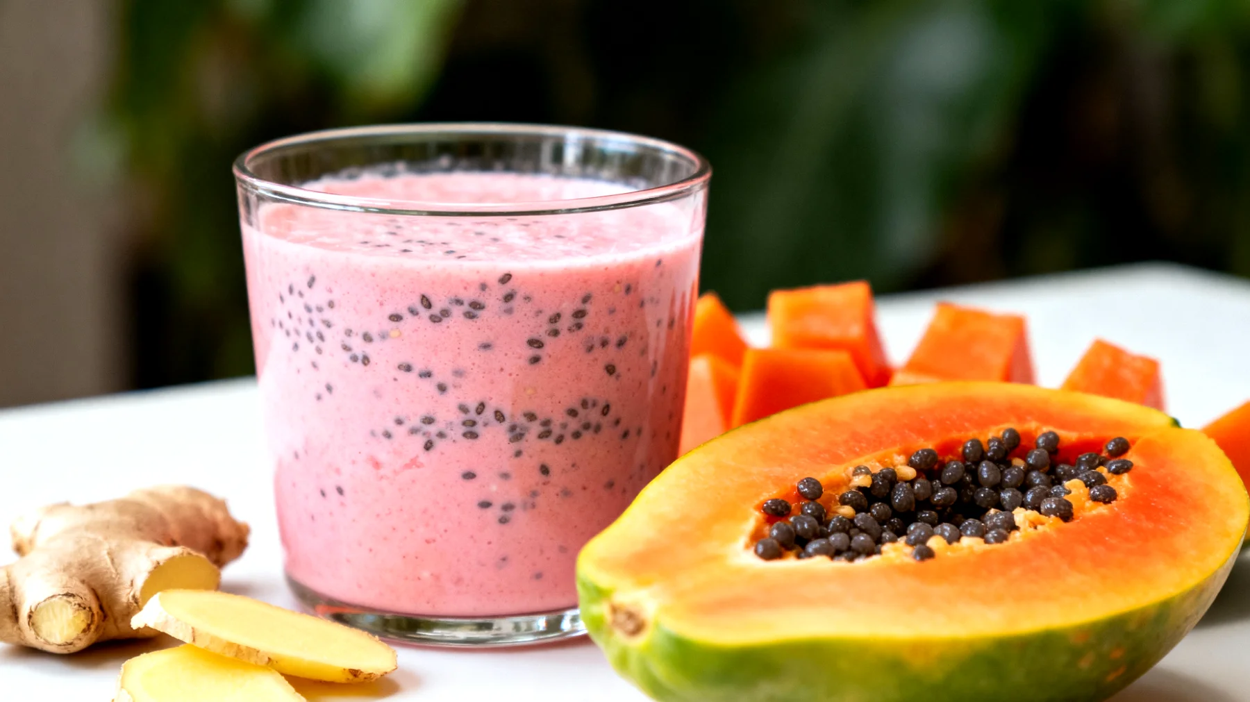 Kefir-Smoothie mit eingeweichten Chiasamen, Papaya und Ingwer"