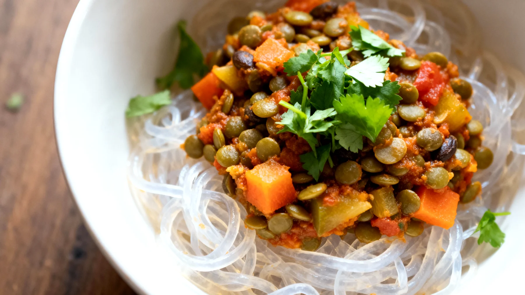 Konjak-Nudeln (Shirataki) mit Gemüse-Linsen-Ragù"