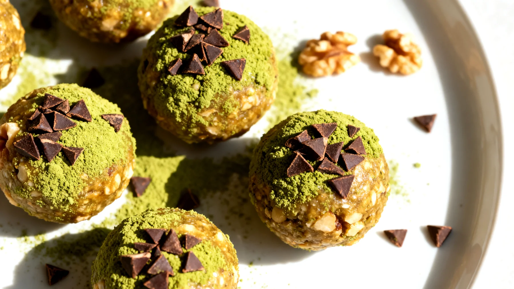 Walnuss-Matcha-Energiekugeln mit Kakao-Nibs"