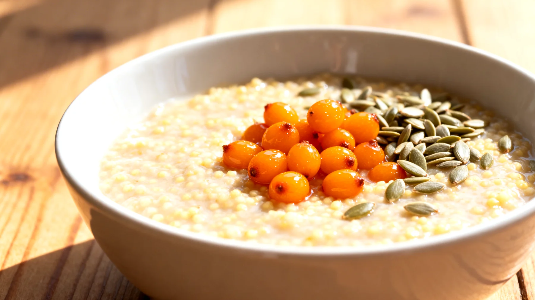 Hirse-Porridge mit Sanddornbeeren und Hanfsamen"